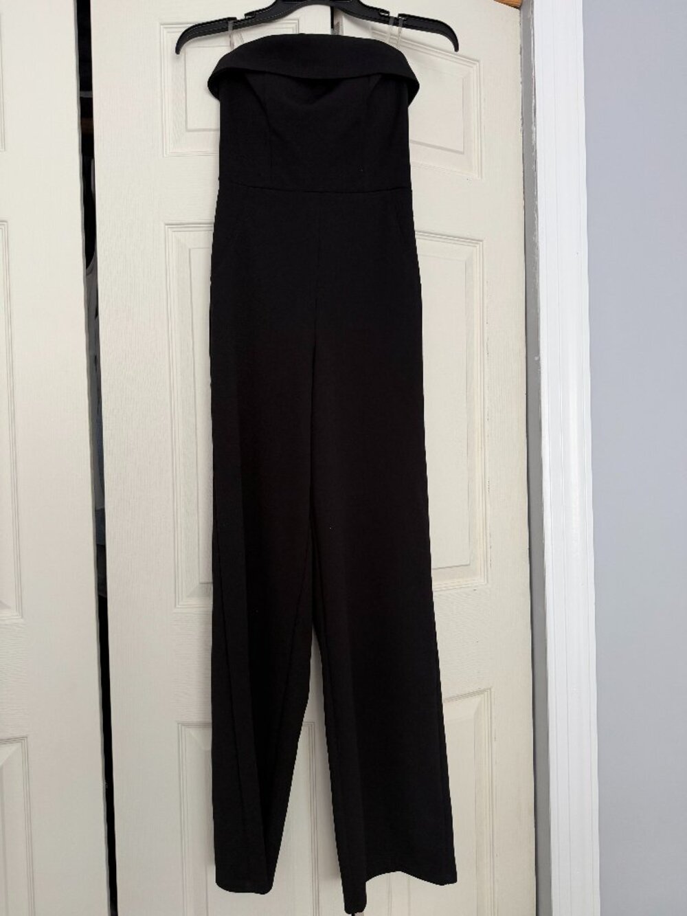 Crystal Sky Black Strapless Wide Leg Jumpsuit Folded Collar XS